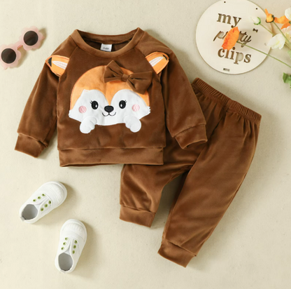 The Nora - Baby Girl Fleece Cute Bow Fox Fluff Long Sleeve + Pants