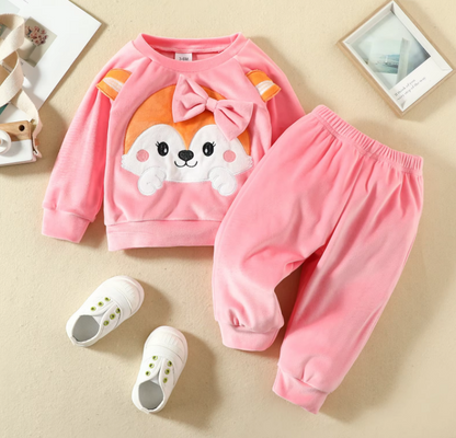 The Nora - Baby Girl Fleece Cute Bow Fox Fluff Long Sleeve + Pants