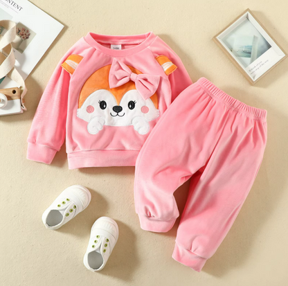 The Nora - Baby Girl Fleece Cute Bow Fox Fluff Long Sleeve + Pants