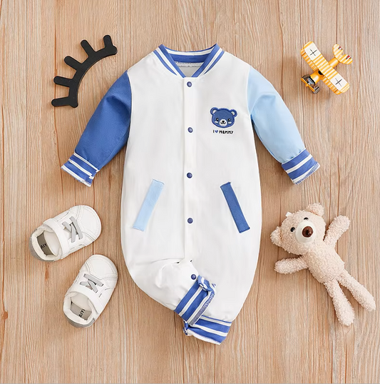 The Thomas - Baby Boy Blue and White Bear Pattern Jumpsuit