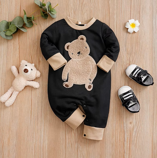 The Nathan - Baby Boy Teddy Bear Short Plush Embroidery Long Sleeve Jumpsuits