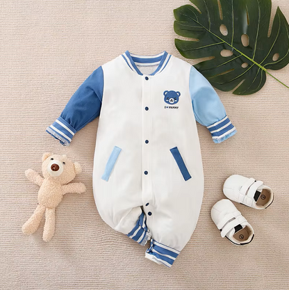 The Roman - Baby Boy  Cute Baseball Suit Teddy Bear Embroidered Cotton Bodysuit