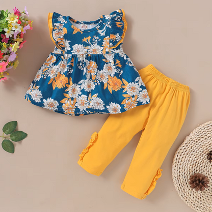 The Mila - Baby Girl Sleeveless Flower T-shirt + Solid Colored Leggings Pants