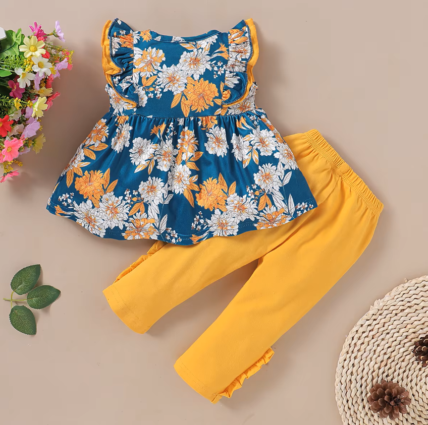 The Mila - Baby Girl Sleeveless Flower T-shirt + Solid Colored Leggings Pants