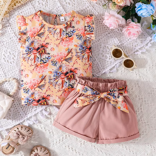 The Madison - Baby Girl Floral Sleeve Blouse and Shorts Summer Outfit