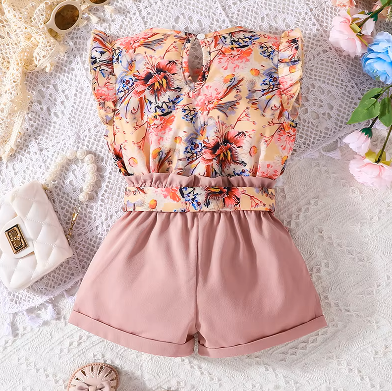 The Madison - Baby Girl Floral Sleeve Blouse and Shorts Summer Outfit