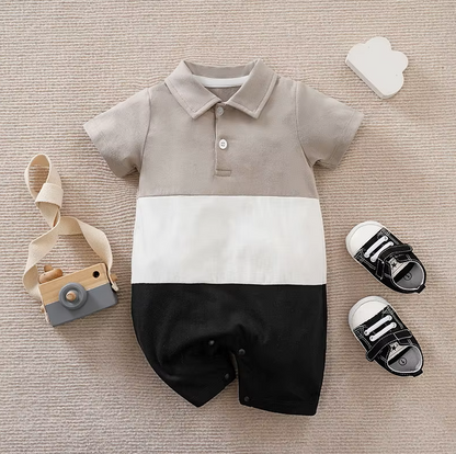 The Legend - Baby Boy Casual Solid Color Patchwork Contrasting Short Sleeved Jumpsuit