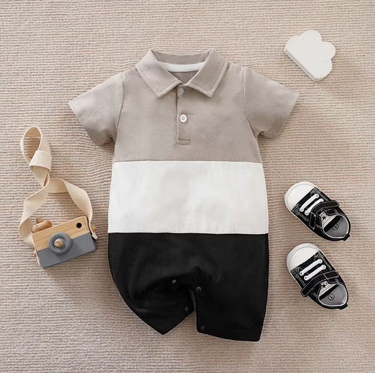 The Legend - Baby Boy Casual Solid Color Patchwork Contrasting Short Sleeved Jumpsuit