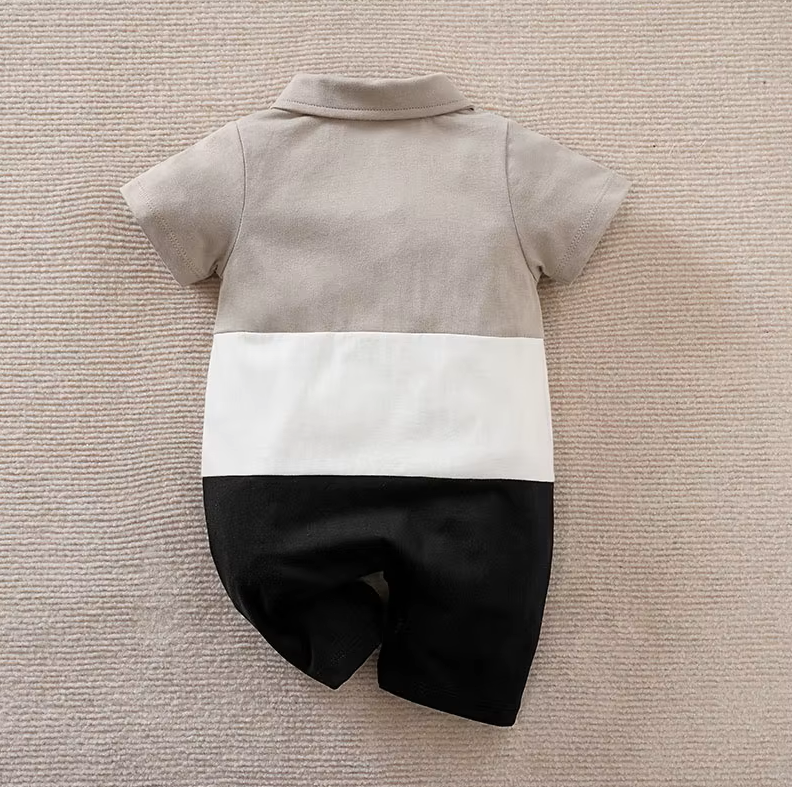 The Legend - Baby Boy Casual Solid Color Patchwork Contrasting Short Sleeved Jumpsuit