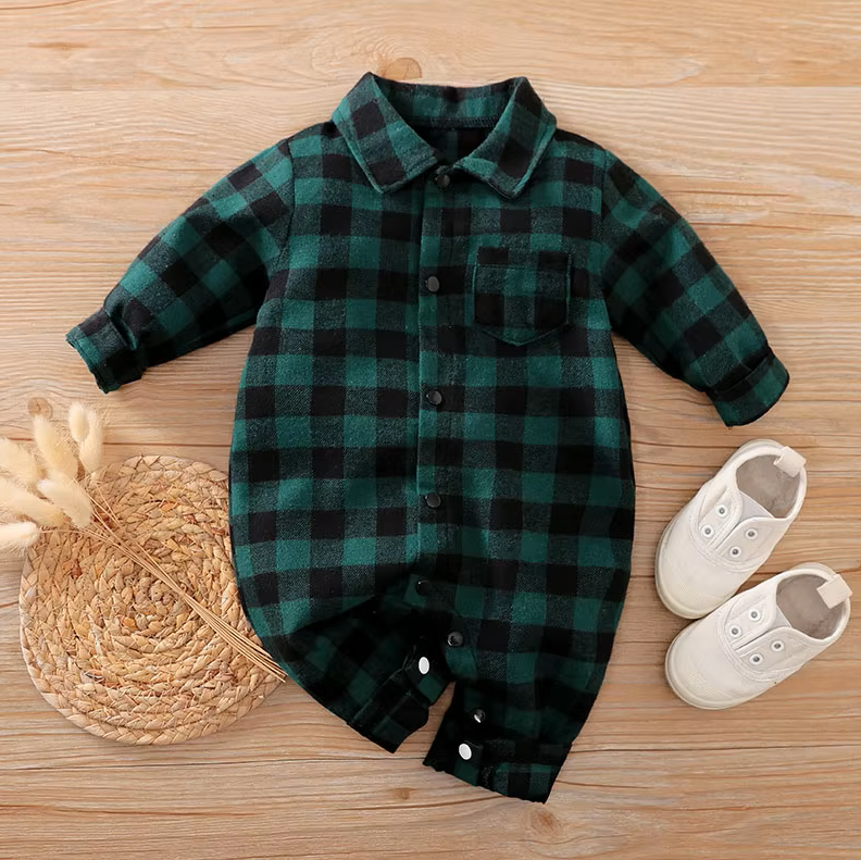 The Rhett - Baby Boy Green Plaid Rompers