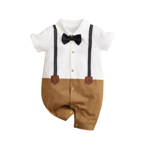 The Braxton - Baby Boy Fake Shoulder Strap Bow Tie Short Sleeved Jumpsuit