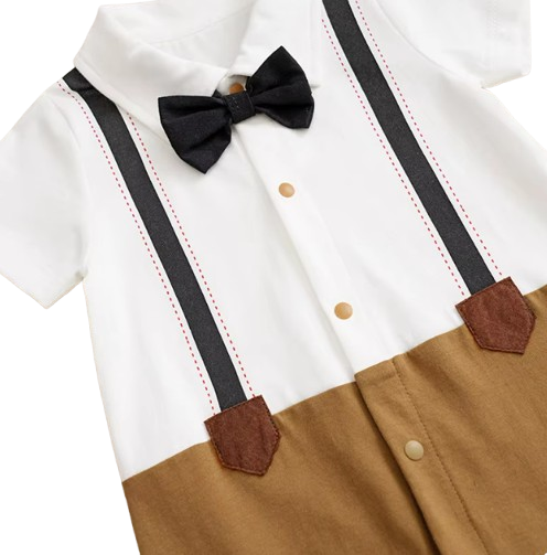 The Braxton - Baby Boy Fake Shoulder Strap Bow Tie Short Sleeved Jumpsuit