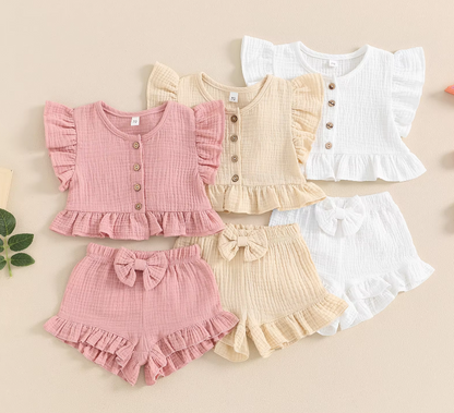 The Valentina - Baby Girl Solid Colour Ruffle Button Tops + Shorts