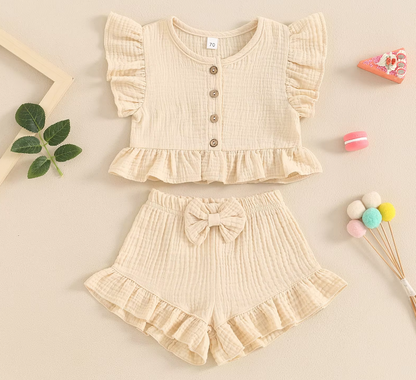 The Valentina - Baby Girl Solid Colour Ruffle Button Tops + Shorts