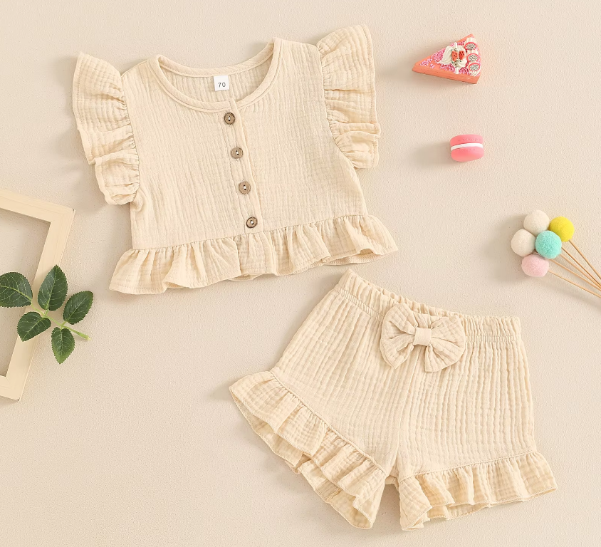 The Valentina - Baby Girl Solid Colour Ruffle Button Tops + Shorts