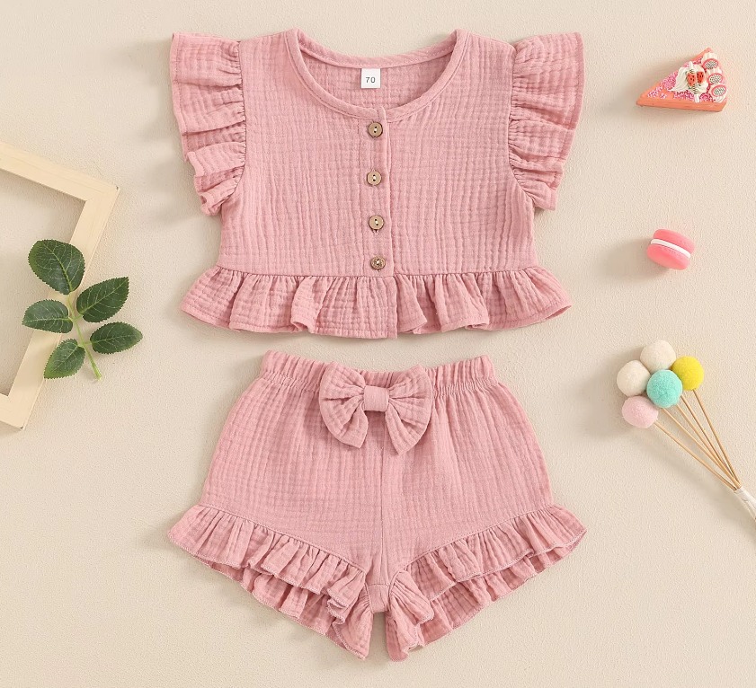 The Valentina - Baby Girl Solid Colour Ruffle Button Tops + Shorts