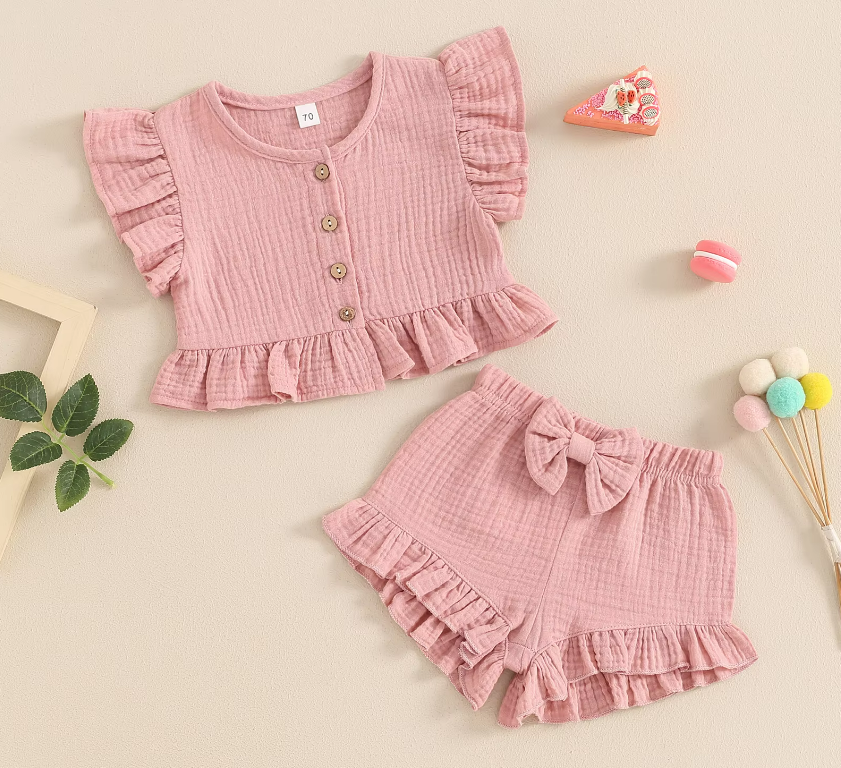 The Valentina - Baby Girl Solid Colour Ruffle Button Tops + Shorts