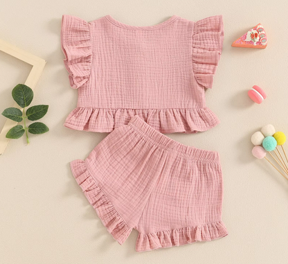 The Valentina - Baby Girl Solid Colour Ruffle Button Tops + Shorts