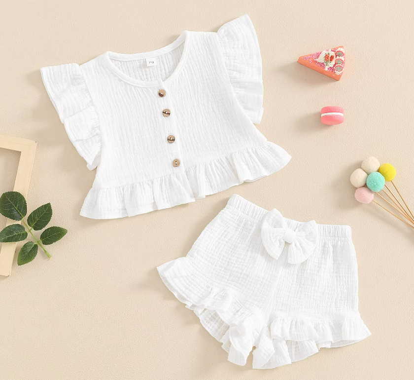 The Valentina - Baby Girl Solid Colour Ruffle Button Tops + Shorts