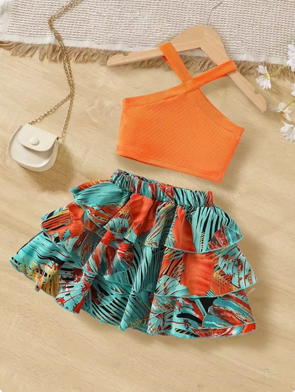 The Leah - Baby Girl Sleeveless Ribbed Crop Tops & Tropical Flowers Layered Hem Skirt Set