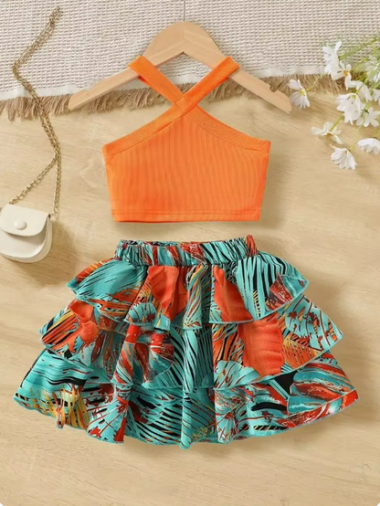 The Leah - Baby Girl Sleeveless Ribbed Crop Tops & Tropical Flowers Layered Hem Skirt Set