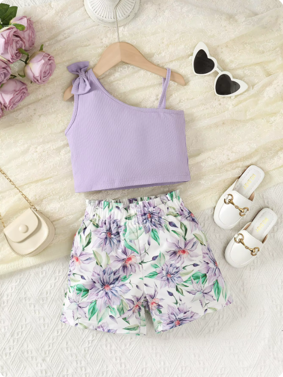 The Lainey - Baby Girl Suspenders Bow Top+Flower Shorts