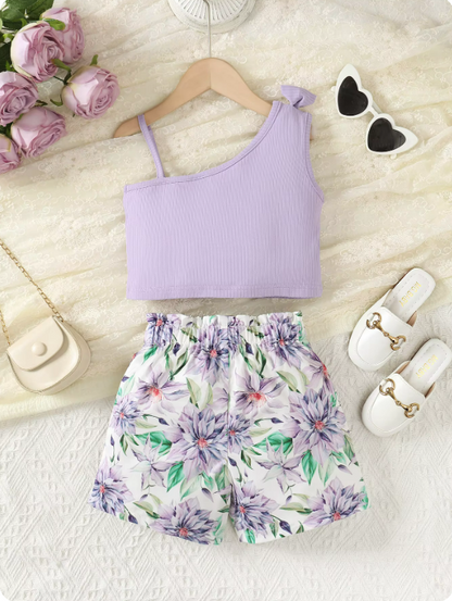 The Lainey - Baby Girl Suspenders Bow Top+Flower Shorts