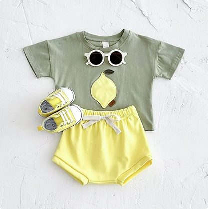 The Zachary - Baby Boy Fruit Lemon Print Round Neck T-Shirt + Shorts