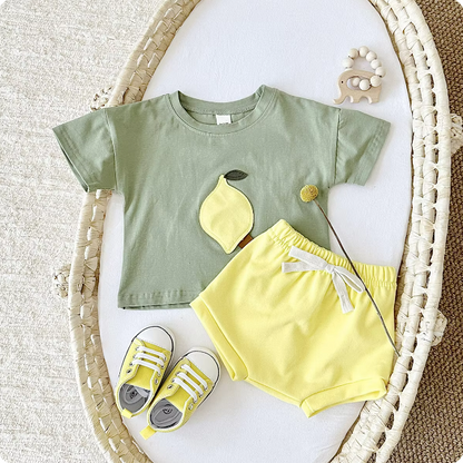 The Zachary - Baby Boy Fruit Lemon Print Round Neck T-Shirt + Shorts