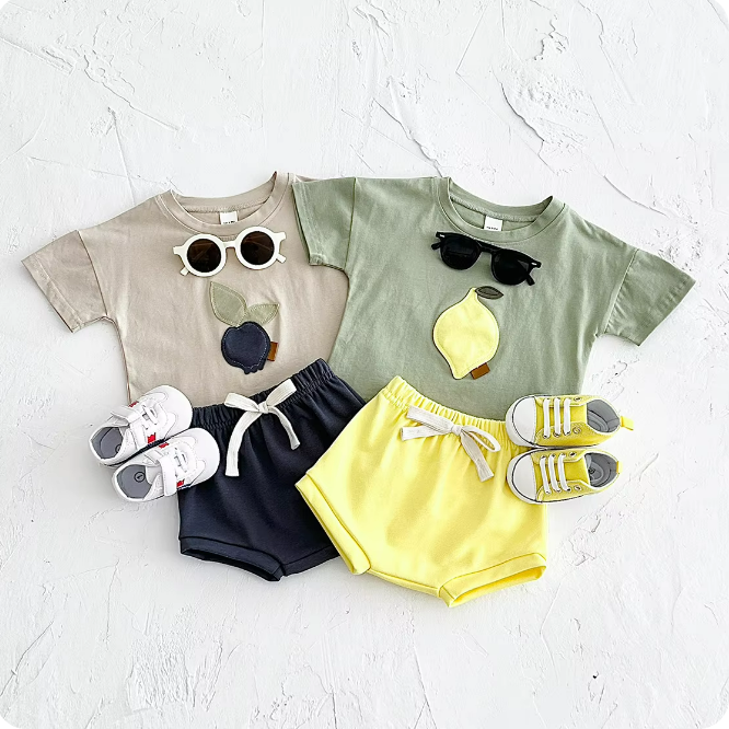 The Zachary - Baby Boy Fruit Lemon Print Round Neck T-Shirt + Shorts