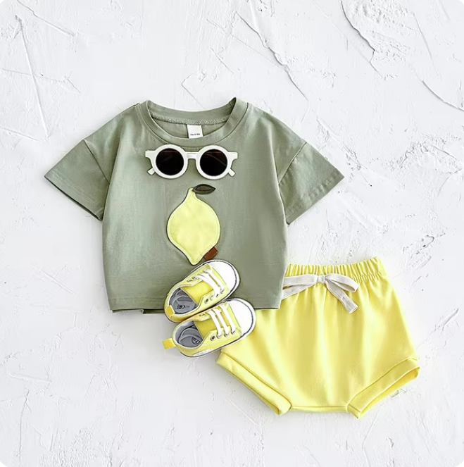 The Zachary - Baby Boy Fruit Lemon Print Round Neck T-Shirt + Shorts