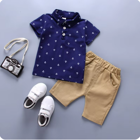 The Tyler - Baby Boy Boat Anchor Pattern Short Sleeve + Shorts Set