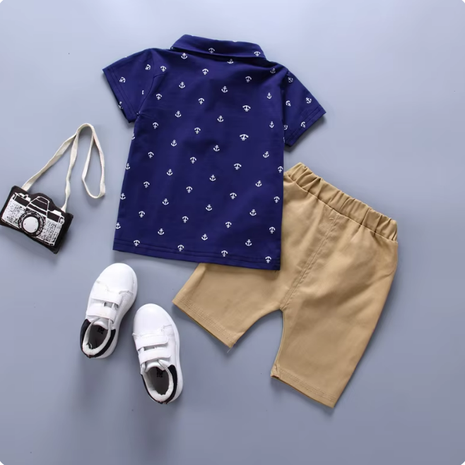 The Tyler - Baby Boy Boat Anchor Pattern Short Sleeve + Shorts Set