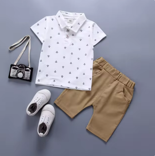 The Tyler - Baby Boy Boat Anchor Pattern Short Sleeve + Shorts Set