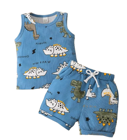 The Ayden - Baby Boy Dinosaur Cartoon Blue Sleeveless Shirt + Shorts