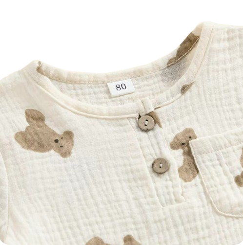 The Andres - Baby Boy Bear Print Short Sleeve Pocket T-shirts Tops + Drawstring Shorts