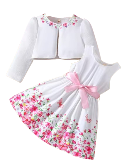 The Addison - Baby Girl  Two Piece Sweet Flower Dress + Cardigan Small Coat