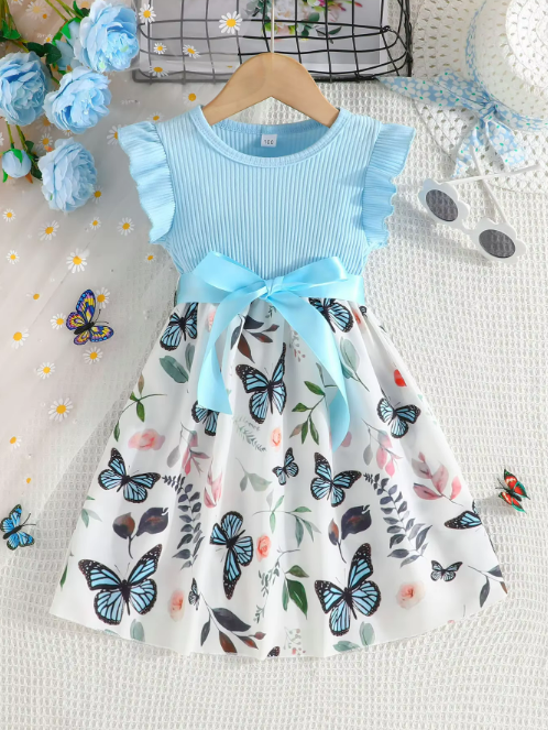 The Natalie - Baby Girl Ruffled Sleeve Butterfly Floral Tulle Cute Princess Formal Dresses with Belt