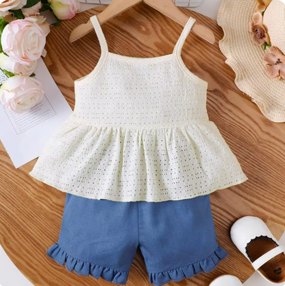 The Vivian - Baby Boy Sleeveless Suspender Soft Hollow Top + Shorts