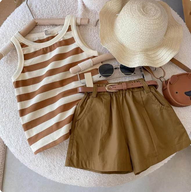 The Liliana - Baby Girl Stripe Suspender Tank Top + Shorts