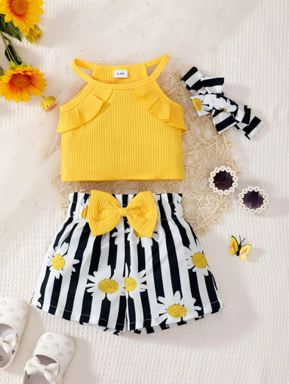 The Sarah - Baby Girl Yellow Floral Printed Bow Dress