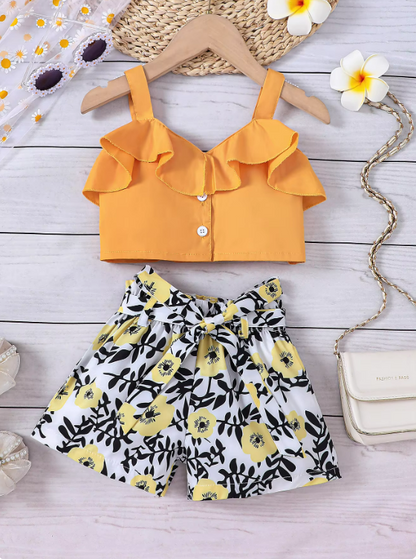 The Savannah - Baby Girl Ruffled Camisole Top + Printed Shorts