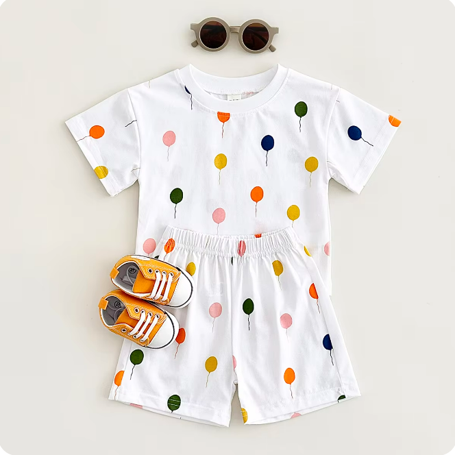 The Oscar - Baby Unisex Colorful Balloon Print Short Sleeved T-shirt + Shorts