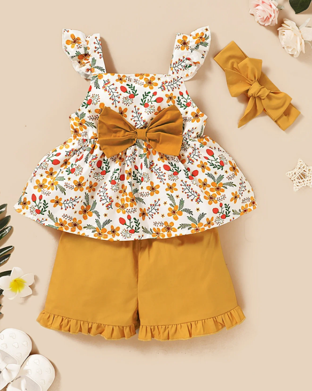 The Gianna - Baby Girl Floral Sling Top with Bow + Shorts + Headband