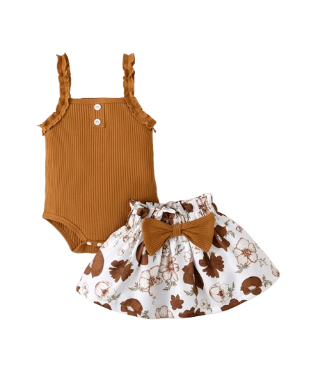 The Jaylin - Baby Brown Sleeveless Romper + Floral Skirt + Headband