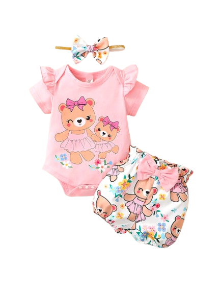 The Colby - Bear Cartoon Romper + Shorts + Headband