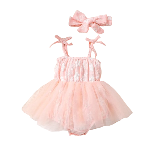 The Athena - Baby Girl Pink Strap Romper Dress with Headband