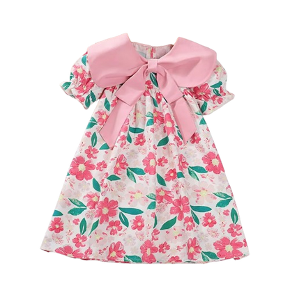 The Ava - Baby Girl Flip Neck Bow Flower Print Bubble Sleeve Dress