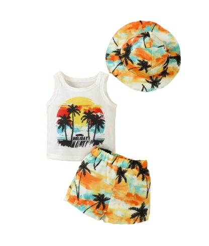 The Camden - Baby Boy Coconut Print Sleeveless Vest + Dyed Hat + Shorts