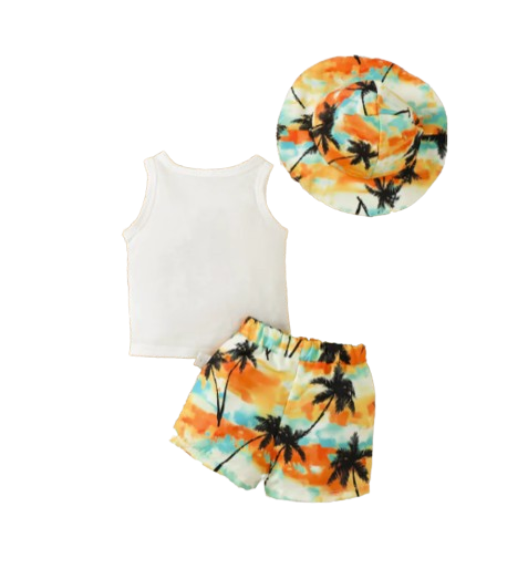 The Camden - Baby Boy Coconut Print Sleeveless Vest + Dyed Hat + Shorts